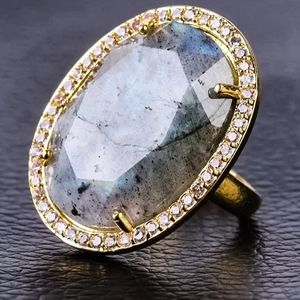 14k Gold Natural Spectrolite Gemstone Adjustable Ring